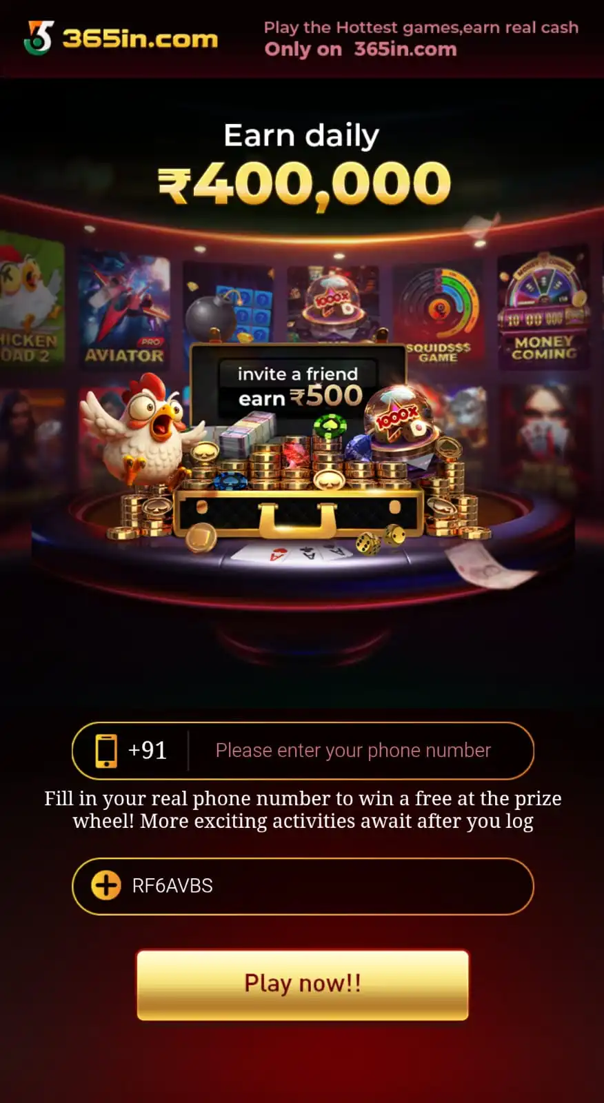 365in App mobile interface showing available gaming options