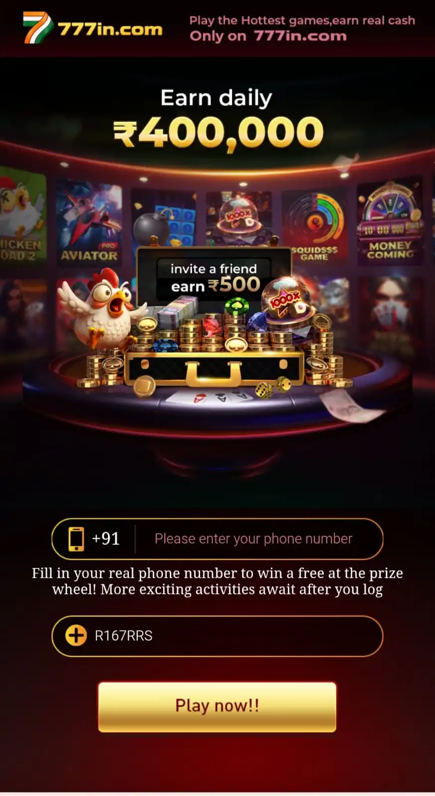 777in Game App mobile interface with online gaming categories