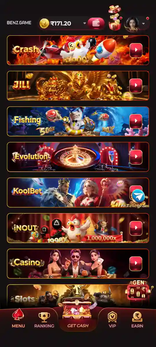 BENZ Game online games screen with popular mobile gaming choices