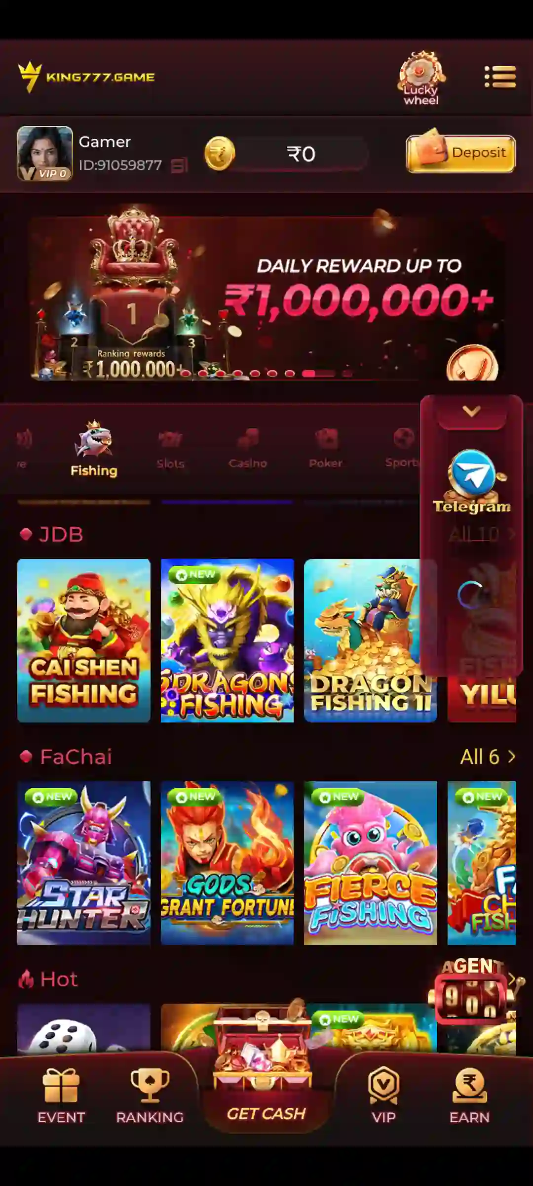 KING777 App mobile games screen